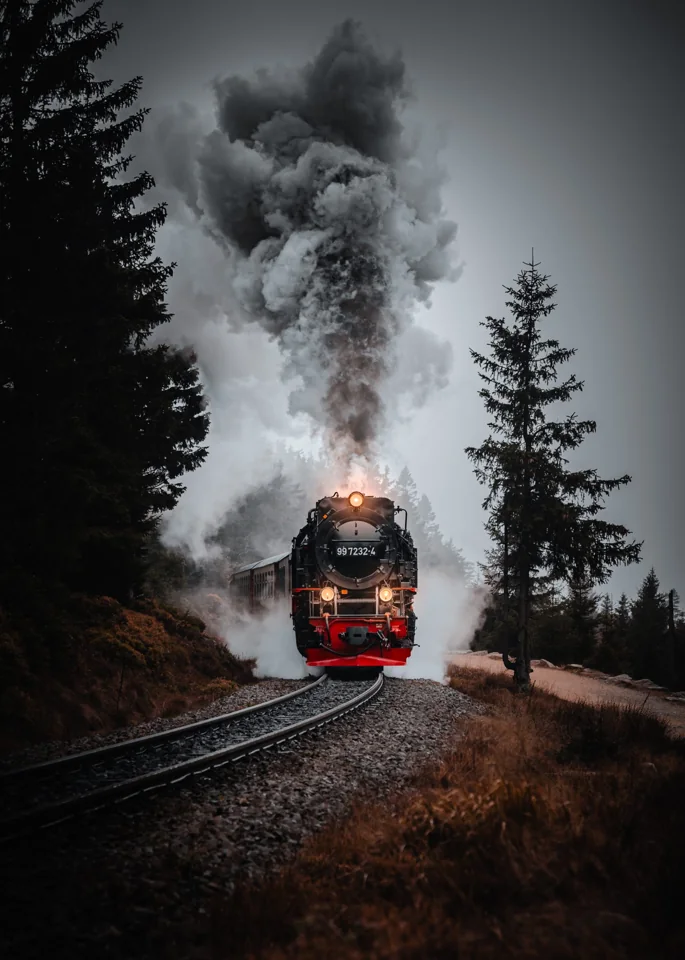 A steam train emerging from a forest under a plume of smoke